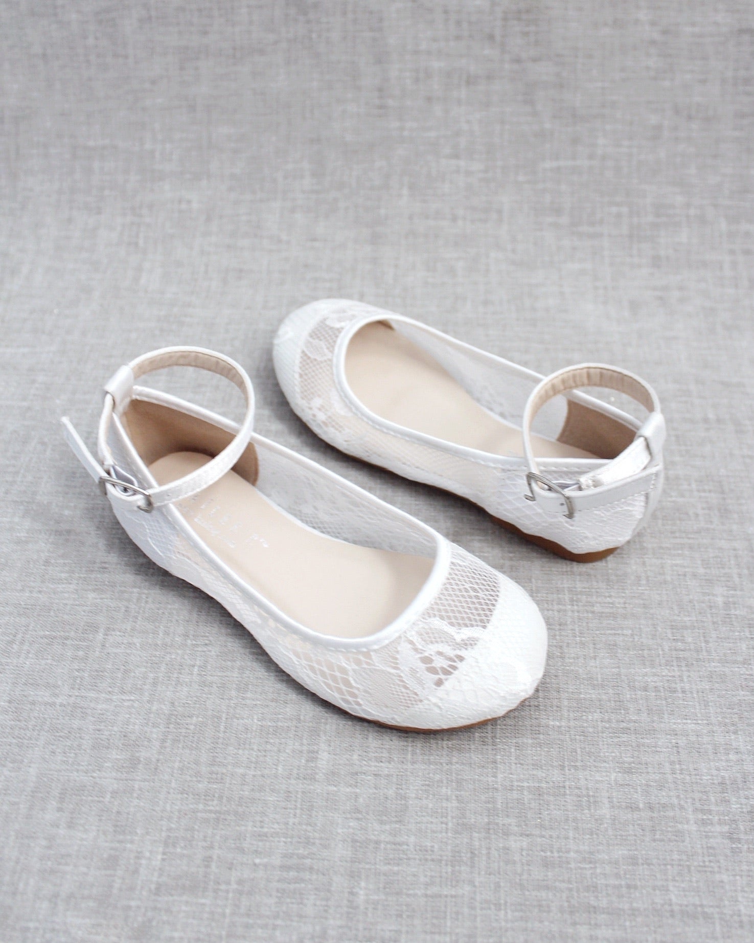 White New Lace Ballet Flats with Ankle Strap
