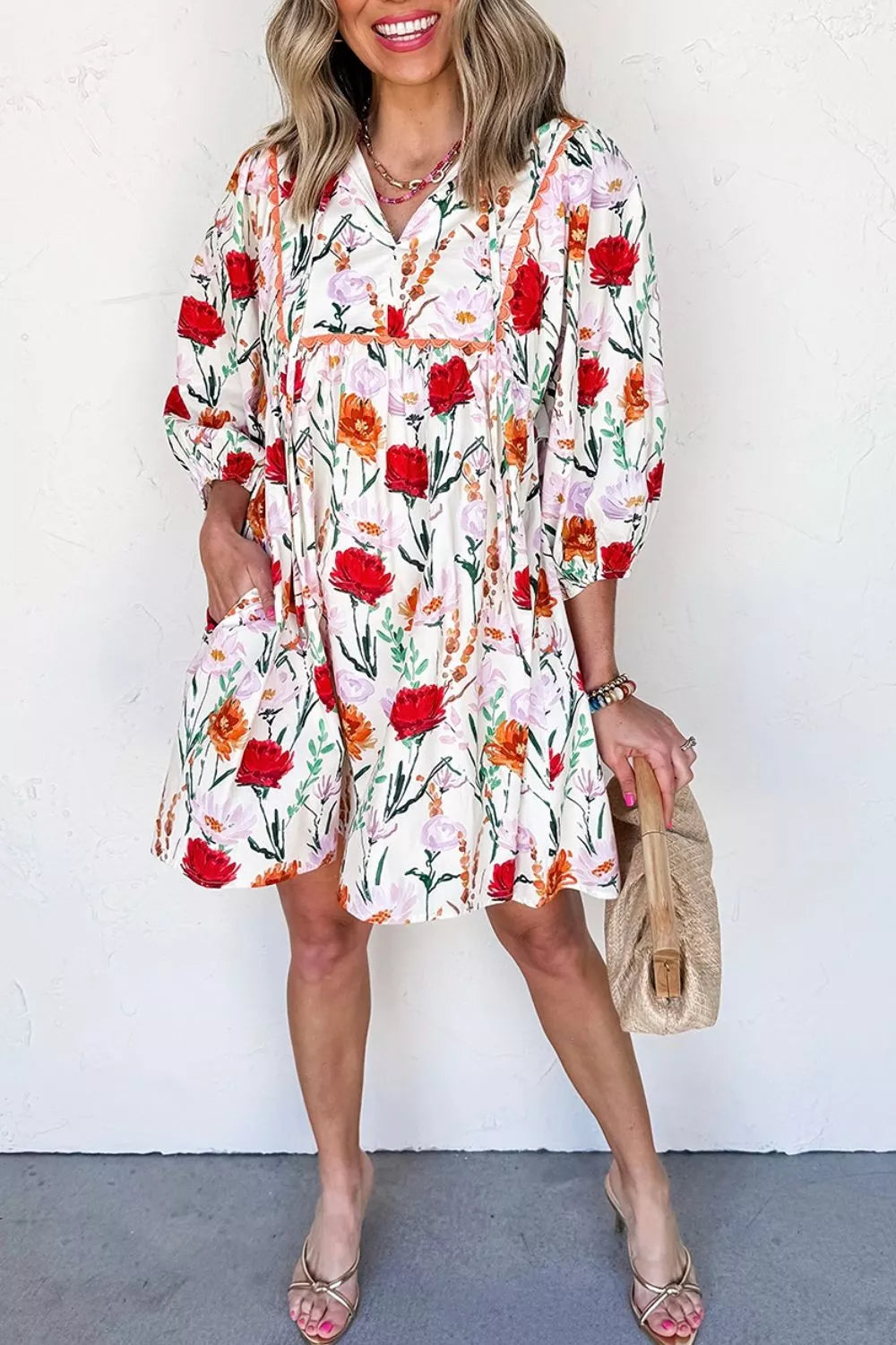 Floral Ricrac-Trim Puff-Sleeve Mini Dress