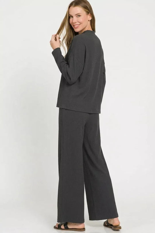 Another view: Zenana Viscose Sweater Top & Pants Set — Black