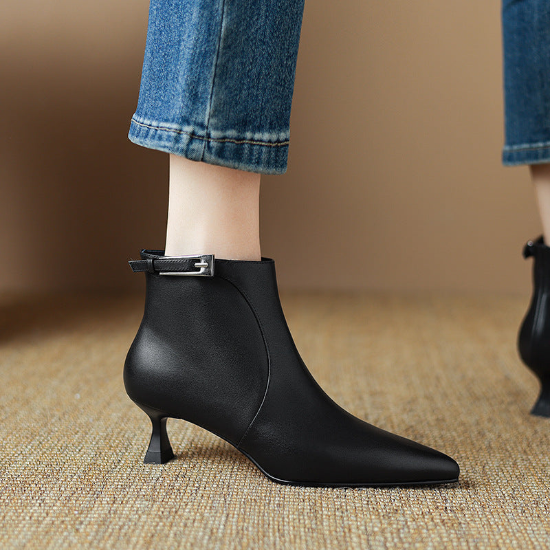 Women's Pointed-Toe High-Heel Ankle Boots - Leather Stiletto Boots with Buckle Strap & Side Zipper
