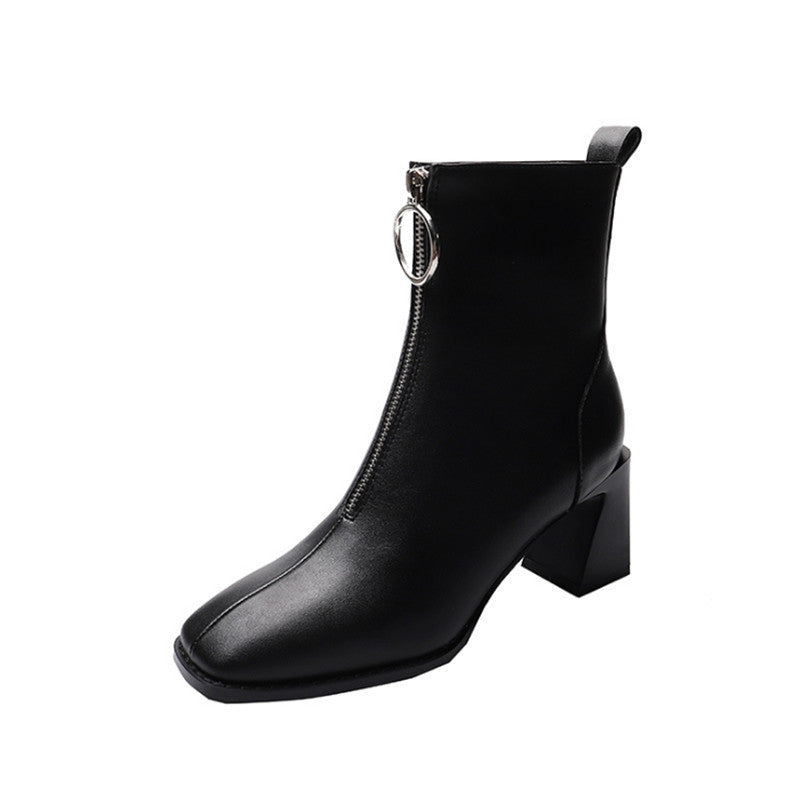 Women's Square-Toe Leather Chunky-Heel Mid-Calf Boots – British Korean Style