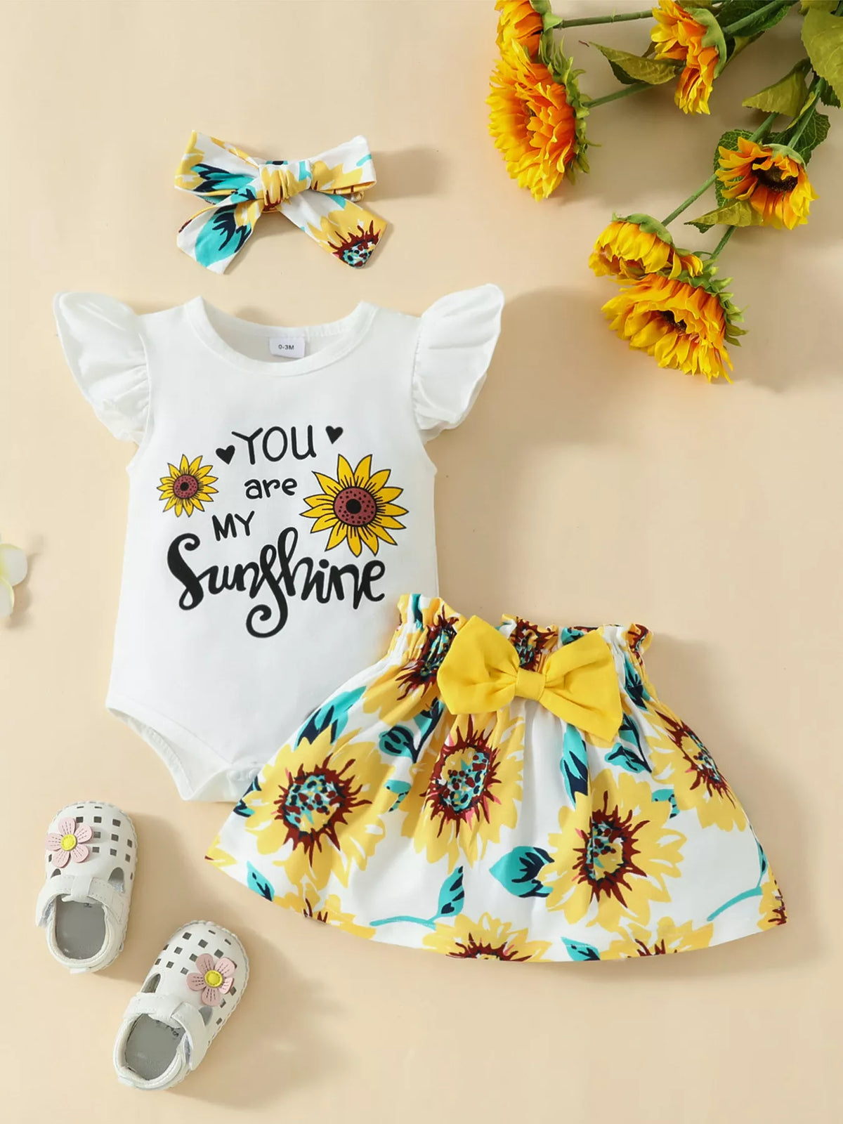 North Star Ruffled Bodysuit and Sunflower Skirt Set with Headband