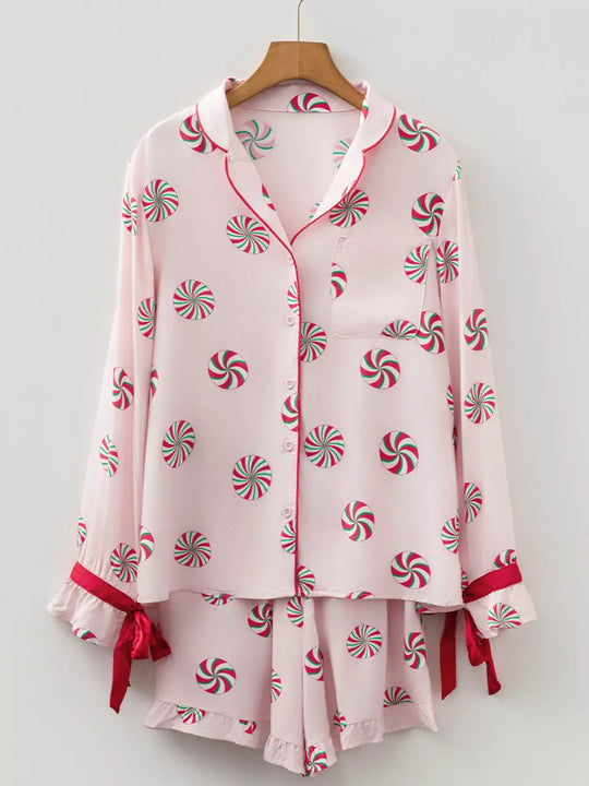 Another view: Christmas Candy Contrast Trim Bow Knot Top and Shorts 2pcs Pajama Set