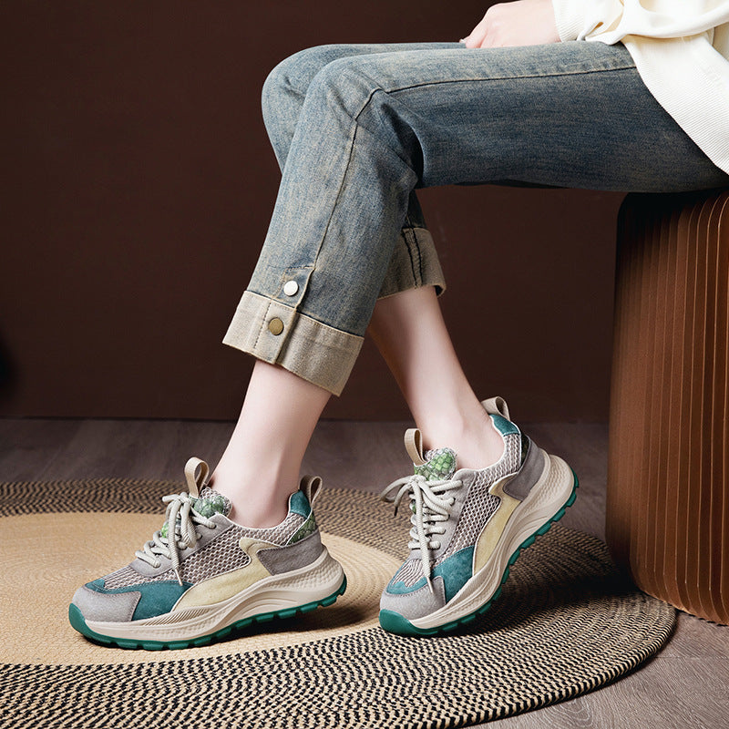 Women's Retro Color-Block Dad Sneakers – Breathable Lace-Up Casual Shoes