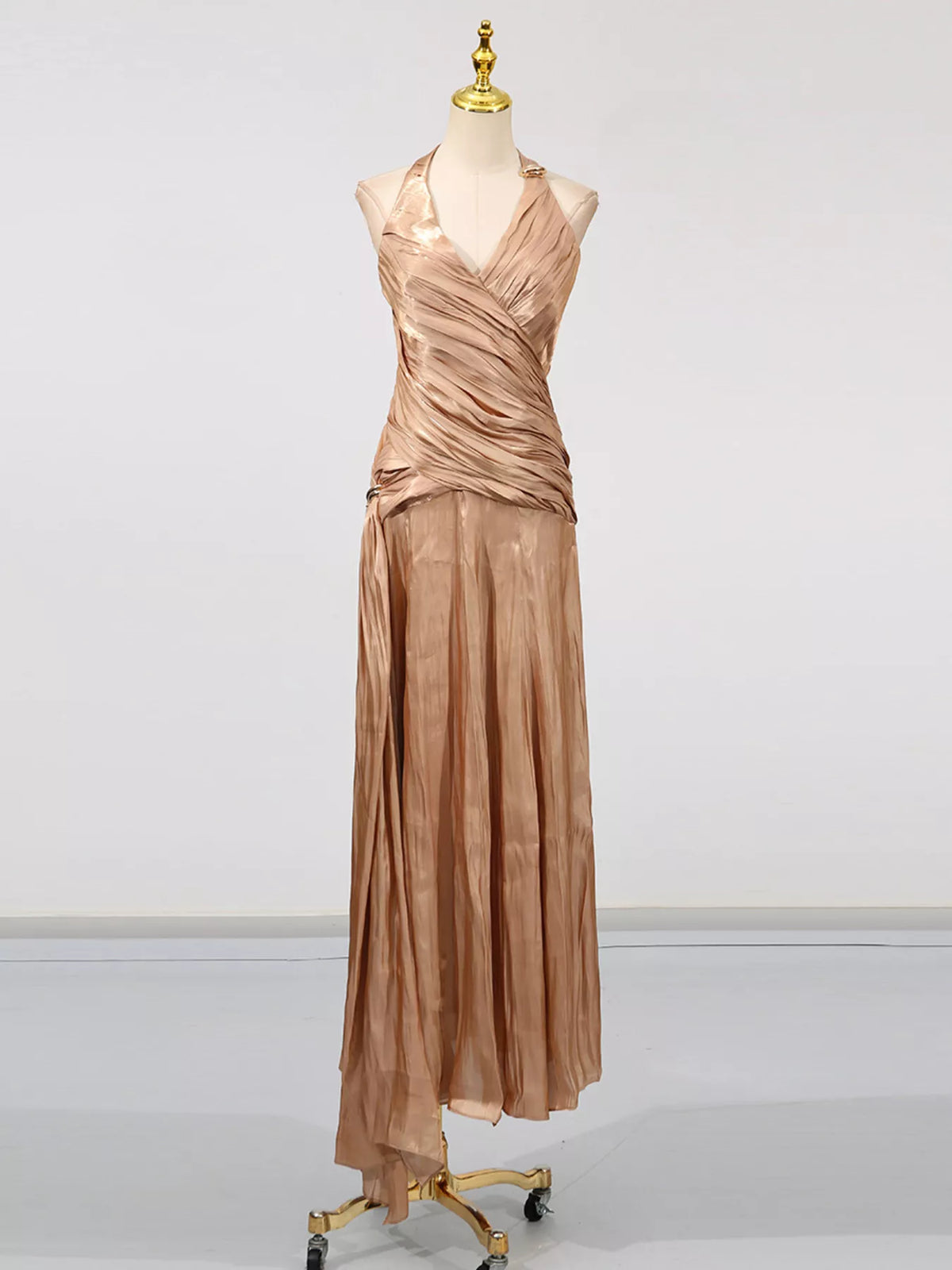Champagne Ruched Halter-Neck Maxi Dress