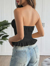 Ruched-bust ruffle-hem strapless top