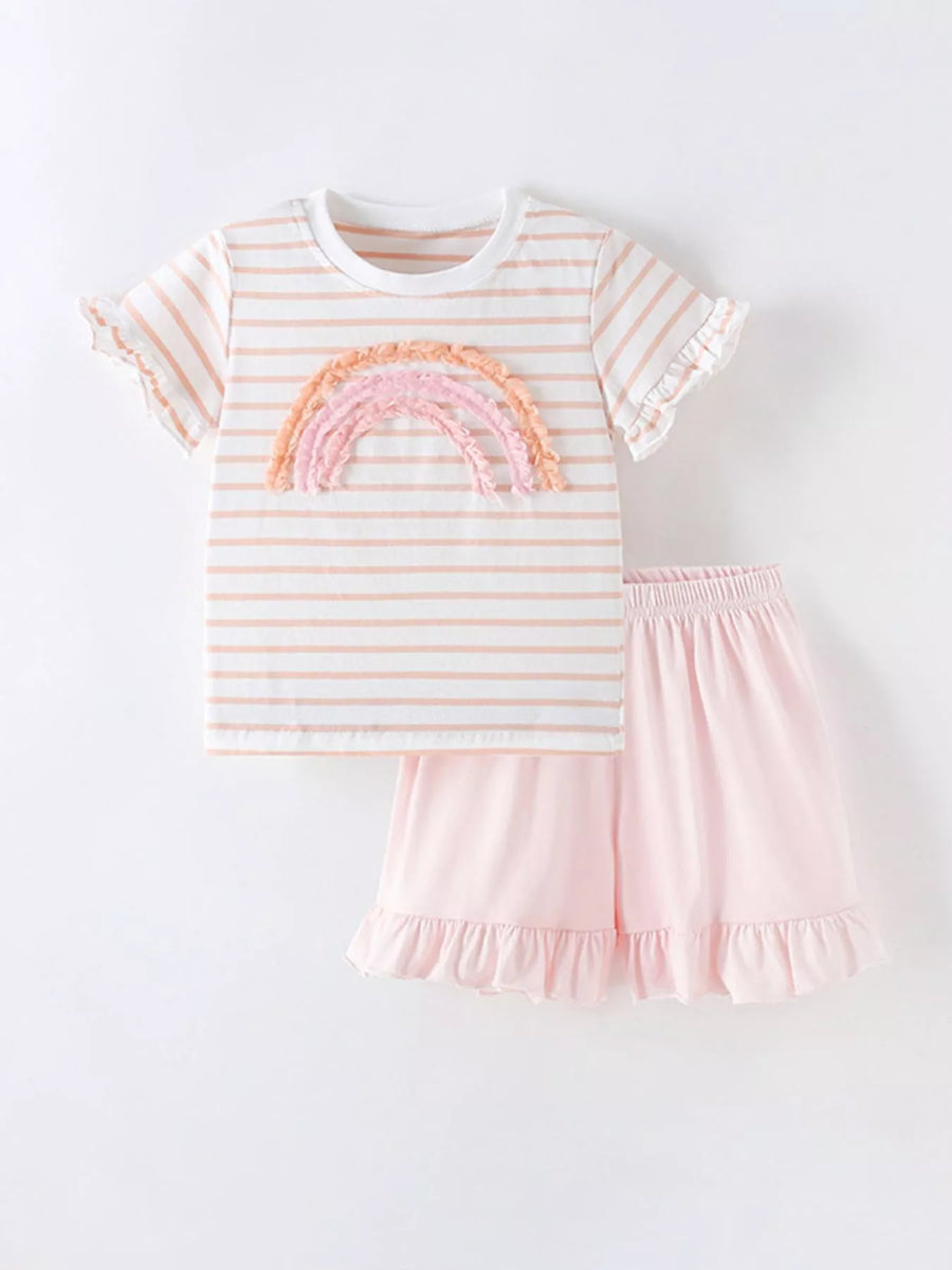 Girls' Rainbow-Stripe Ruffle Tee & Shorts Set – Blush Pink
