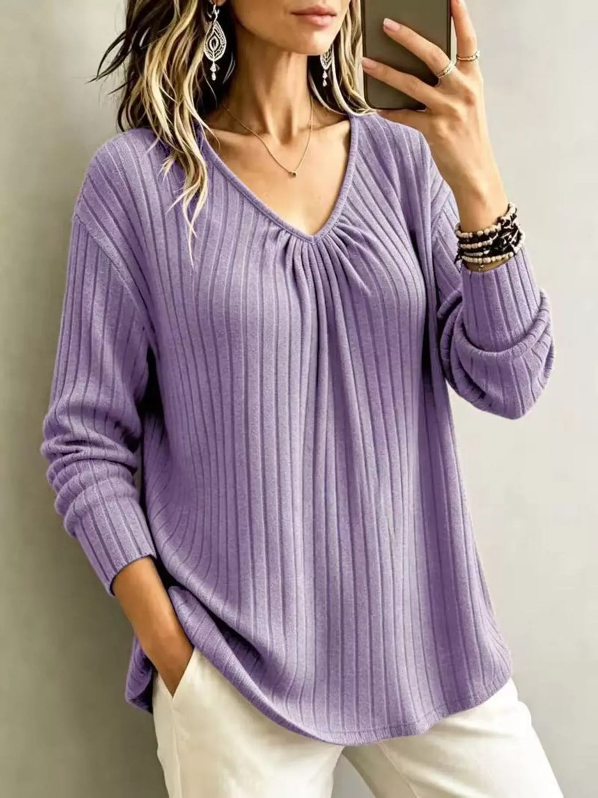 Women's Ribbed V-Neck Long-Sleeve Top — photo 14
