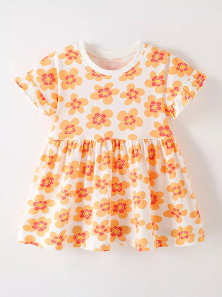 Pale-blush floral print ruffle-sleeve children’s dress.