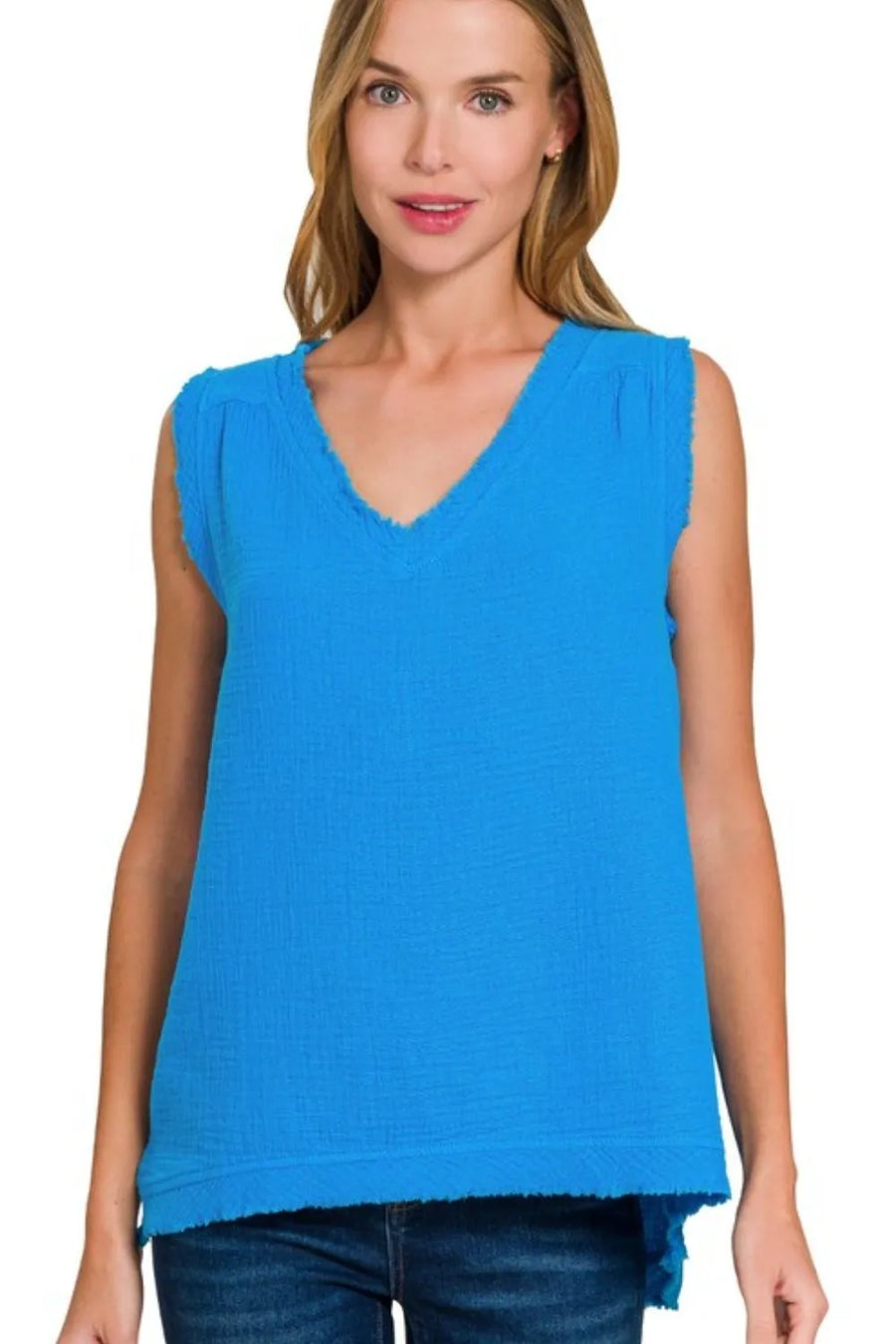 Double Gauze Raw Edge V-Neck Tank — DEEP SKY
