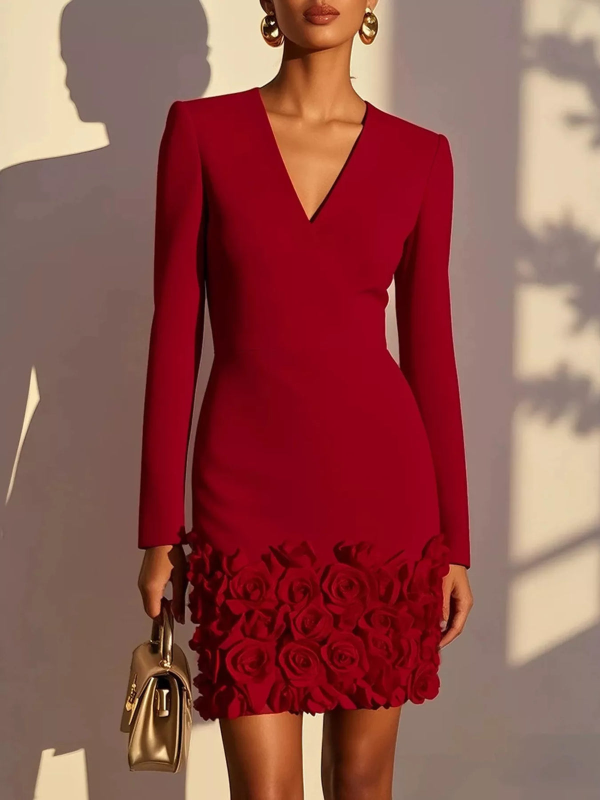 V-Neck Rosette-Hem Mini Dress