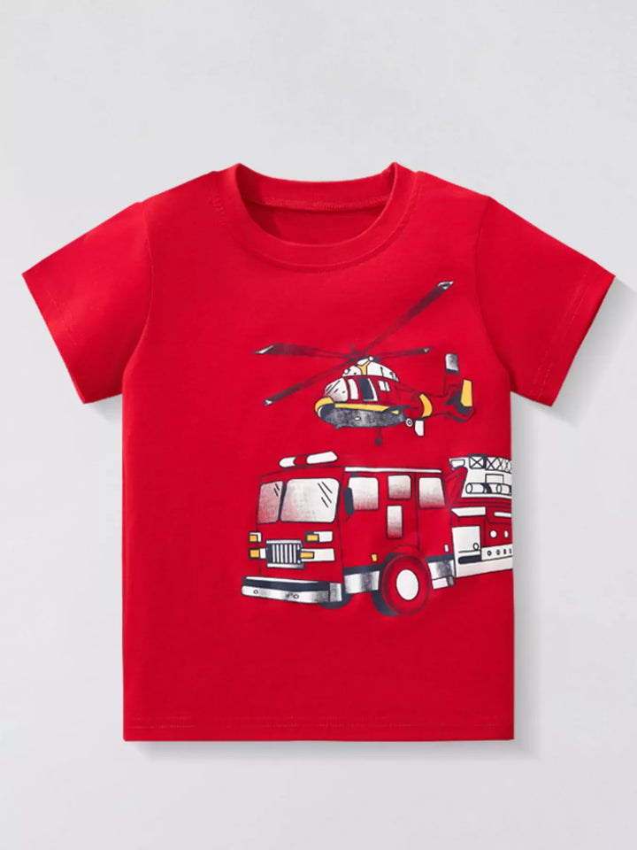 Kids' Fire Truck & Helicopter Cotton T-Shirt – Red