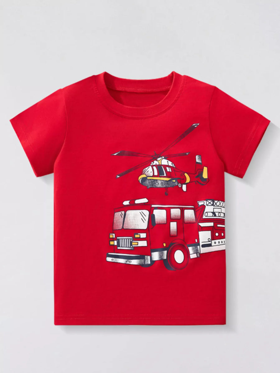 Kids' Fire Truck & Helicopter Cotton T-Shirt – Red