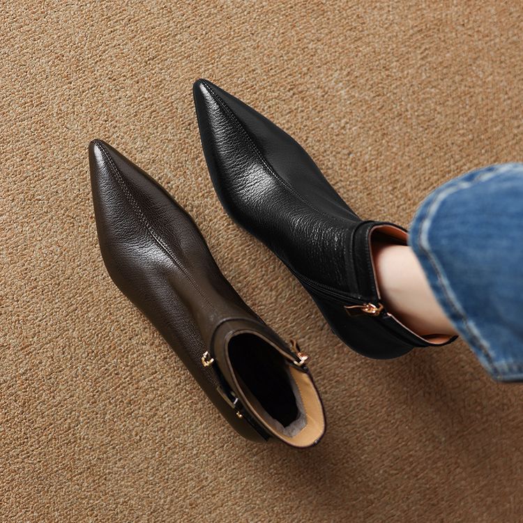 Women's All-Leather Stiletto Heel Boots | Sheepskin Upper Pointed Toe Side Buckle Retro High Heels