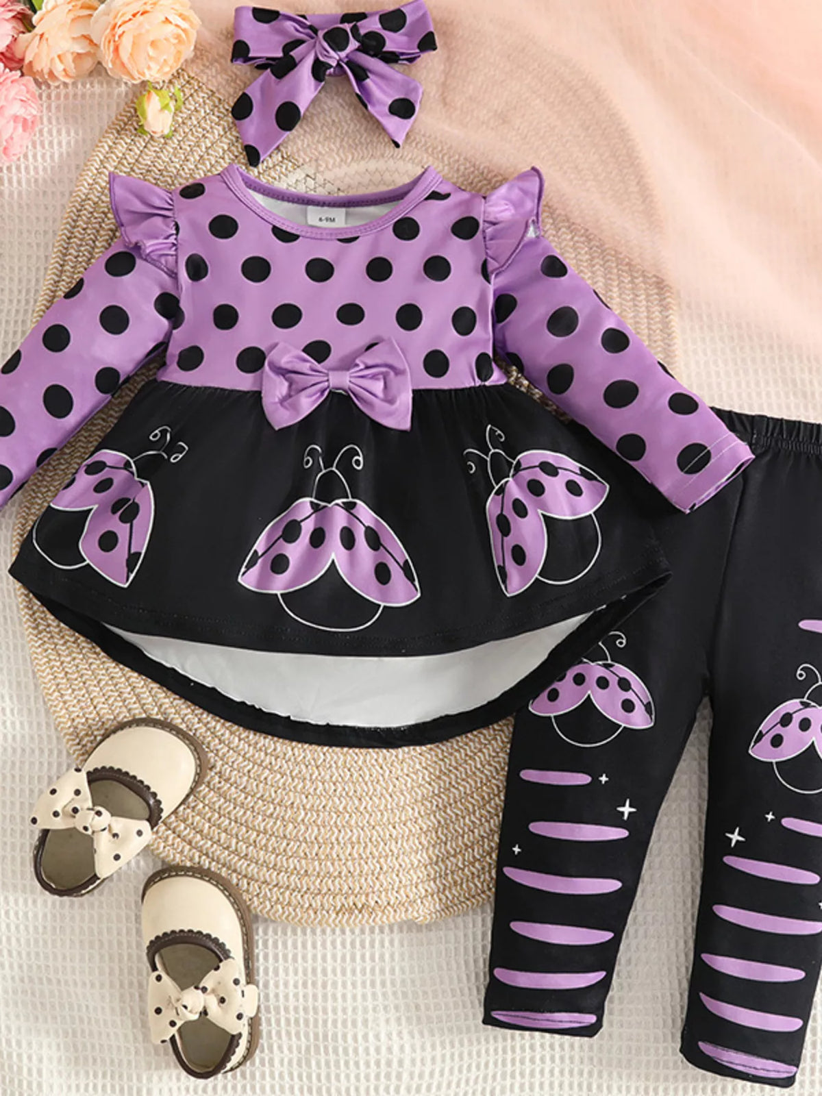 Clover Club Ladybug Polka Dot Ruffle-Trim Top and Pants Set with Headband