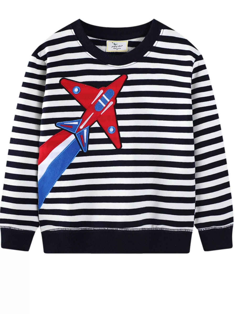 Clover Club Striped Airplane Applique Crewneck Sweatshirt
