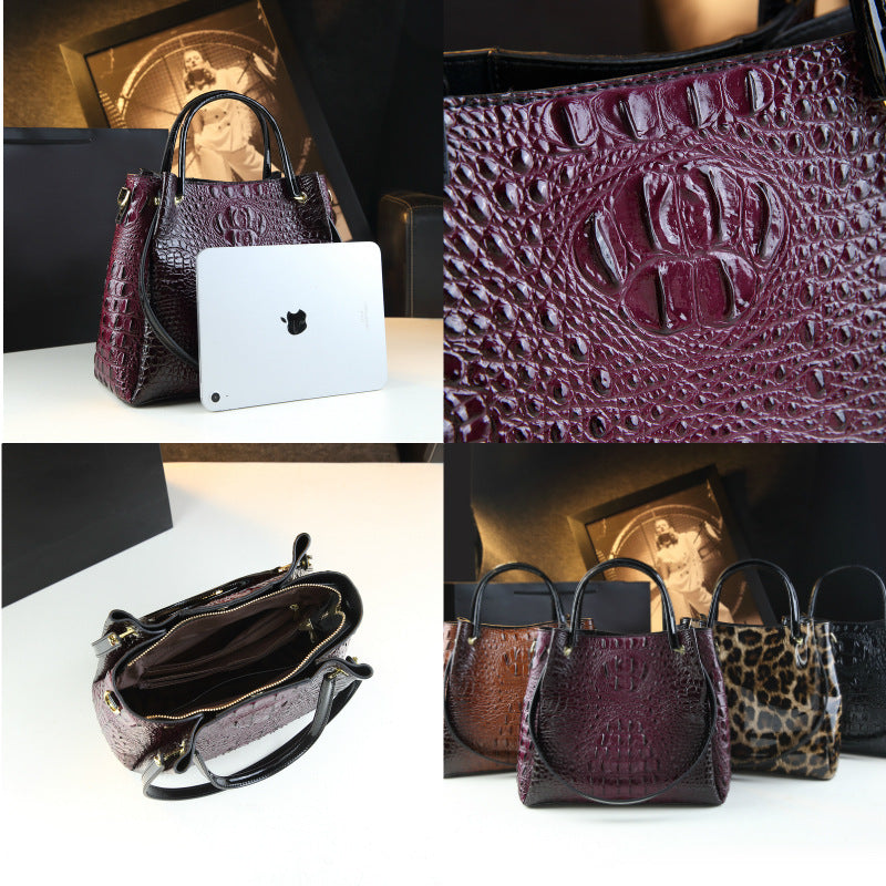 Crocodile-Print Women's Shoulder Bag - Textured PU Leather Handbag with Metal Accents