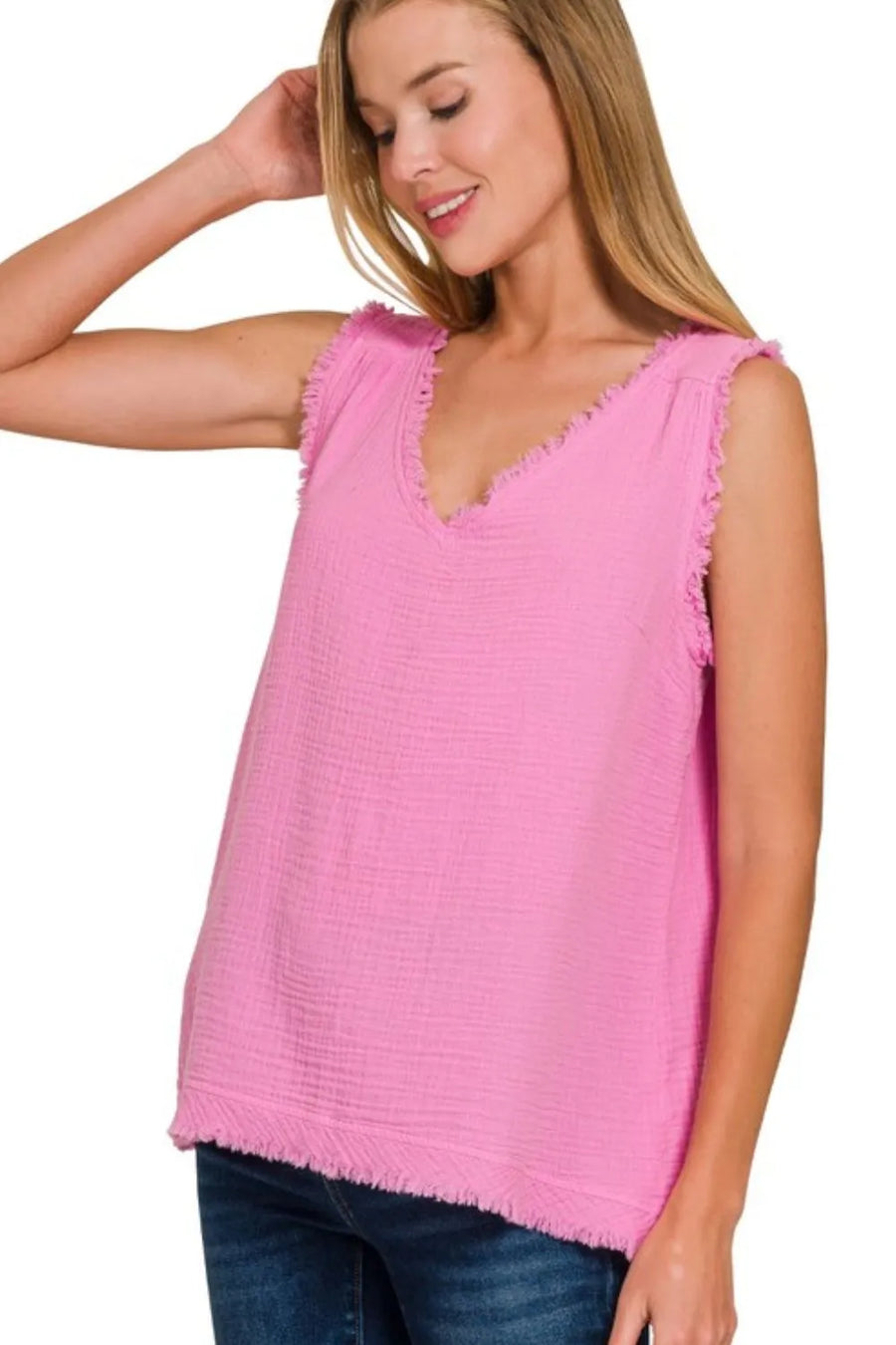 Double Gauze Raw Edge V-Neck Tank — CANDY PINK