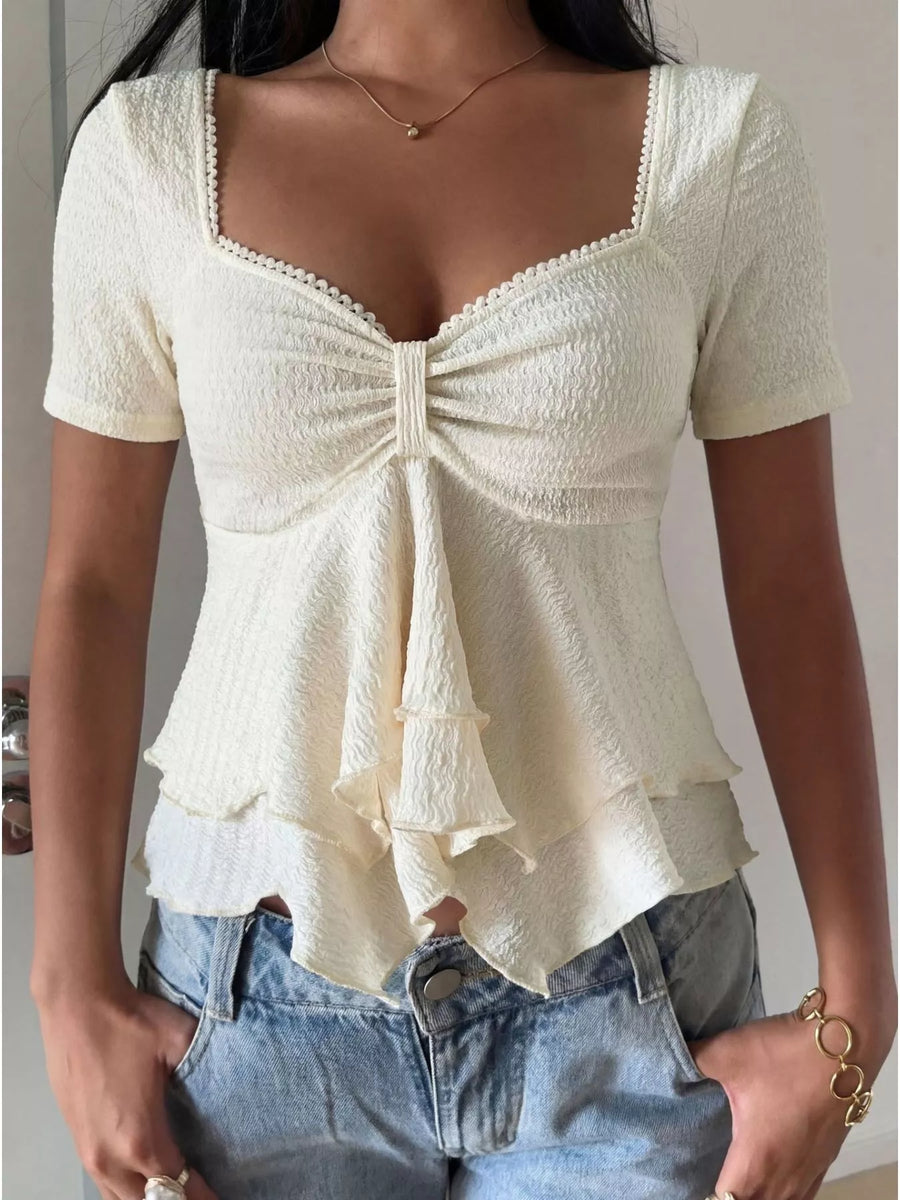White Sweetheart-Neck Layered Ruffle Top
