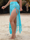 Fringe-trim openwork split swim cover-up skirt