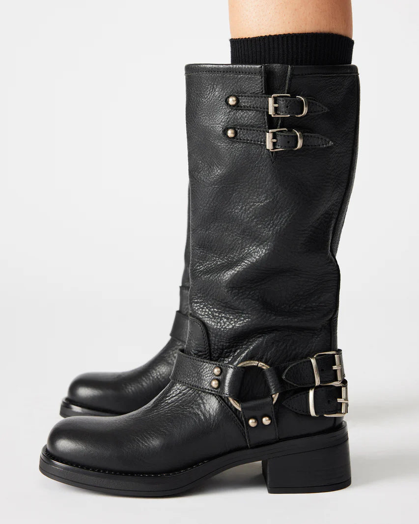 Women's Round Toe Buckle High-Top Boots – Chunky Heel Mid-Calf PU Leather Boots