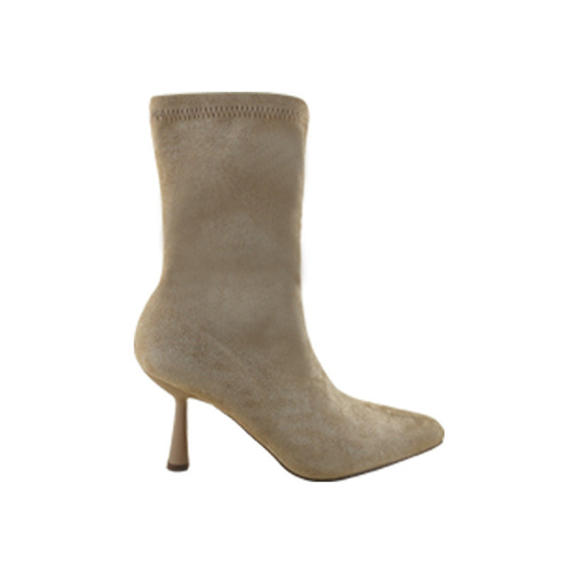 Women's Suede Mid-Calf High Heel Boots - Pointed Toe Stretch Boots with Side Zipper