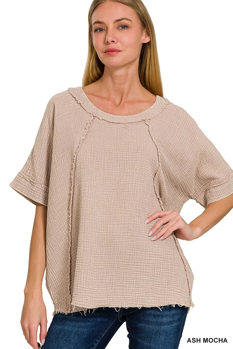 Washed Double Gauze Exposed Seam Short Sleeve Top