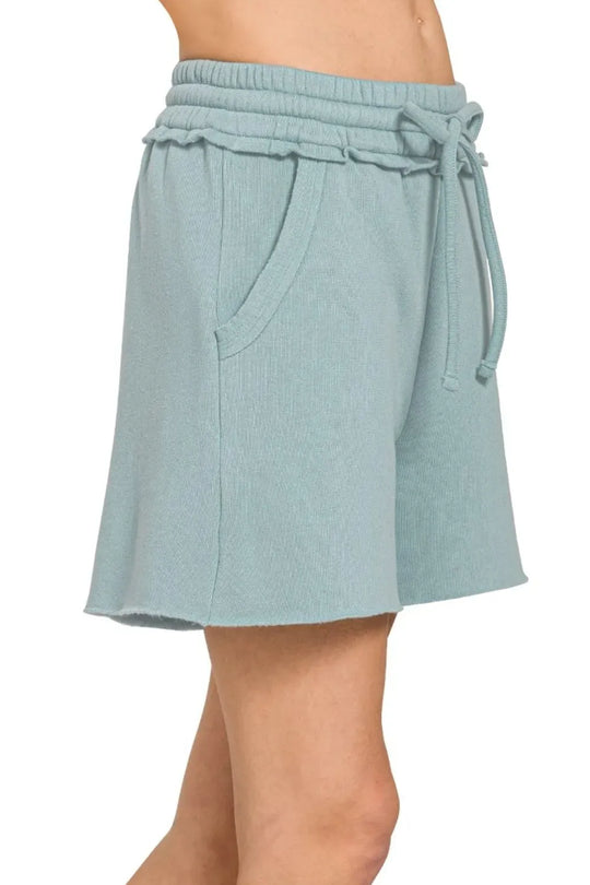 Another view: Fleece Raw Hem Shorts with Draw String — BLUE GREY