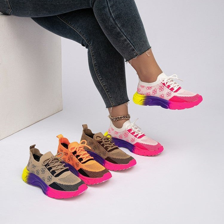 Women's Rainbow Sole Color-Block Woven Athletic Sneakers | Breathable Flat Lace-Up Low-Top