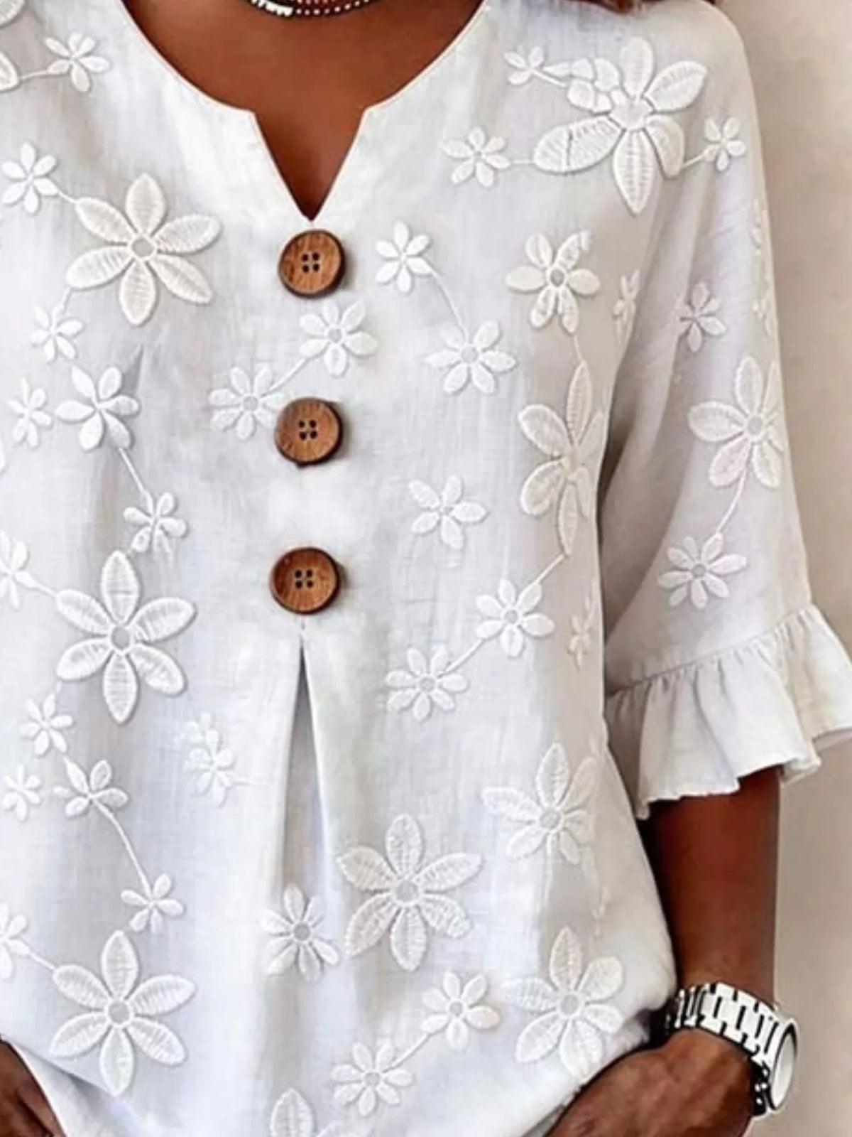White Floral Button-Detail 3/4-Sleeve Blouse
