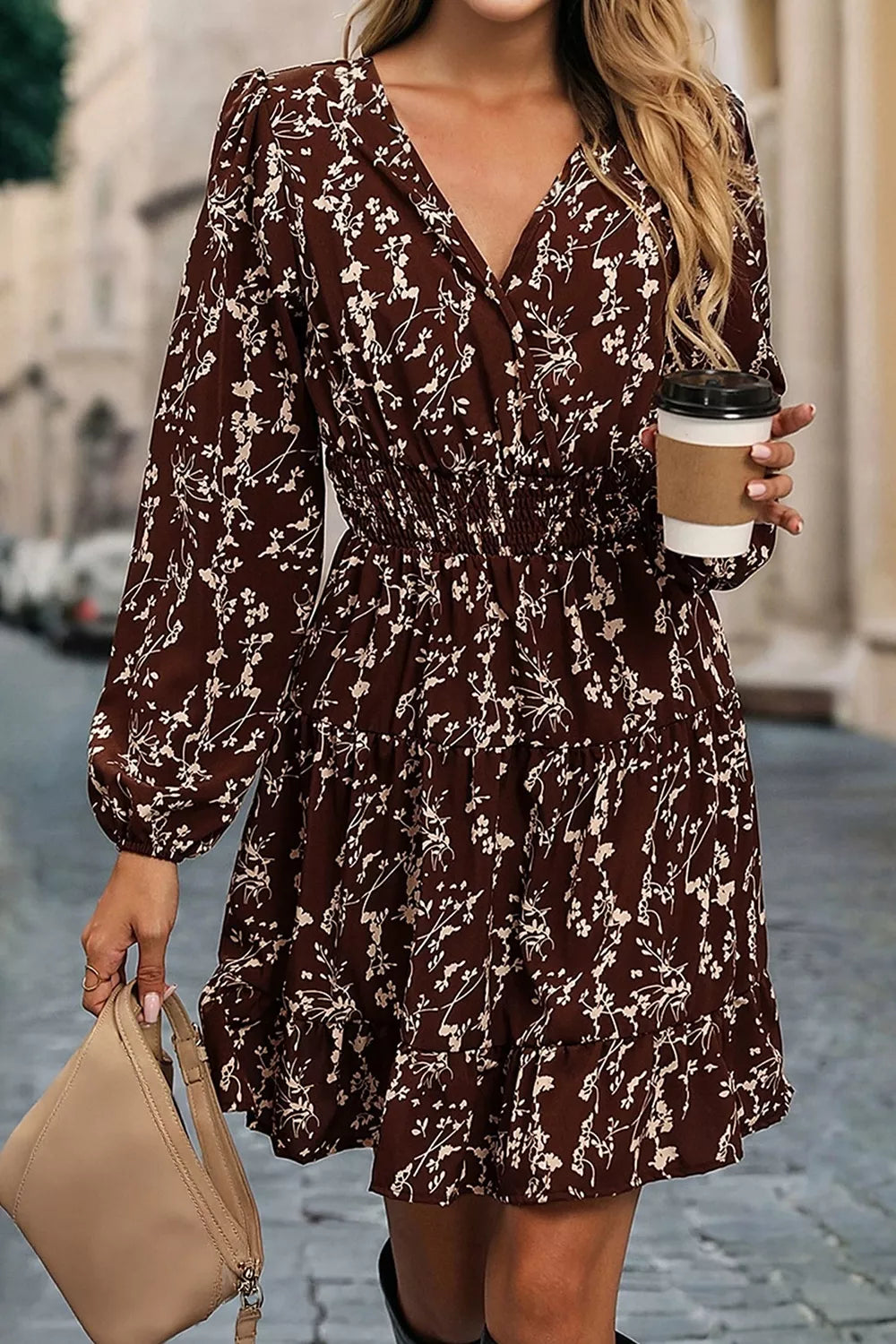 Floral Shirred-Waist Mini Dress