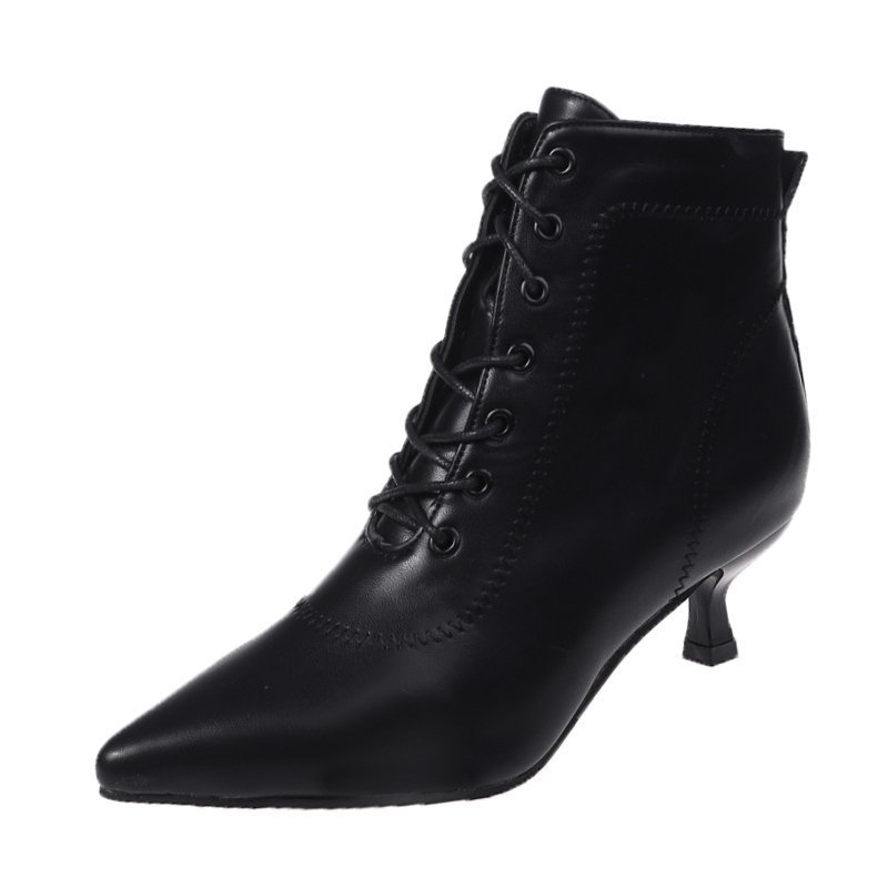 Women's Pointed-Toe Stiletto Ankle Boots - Mid Heel PU Leather Side Zipper Boots