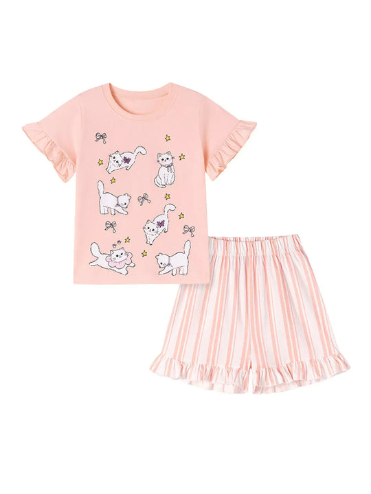 Another view: Girls’ Cat T-Shirt & Shorts Set — Watermelon Pink