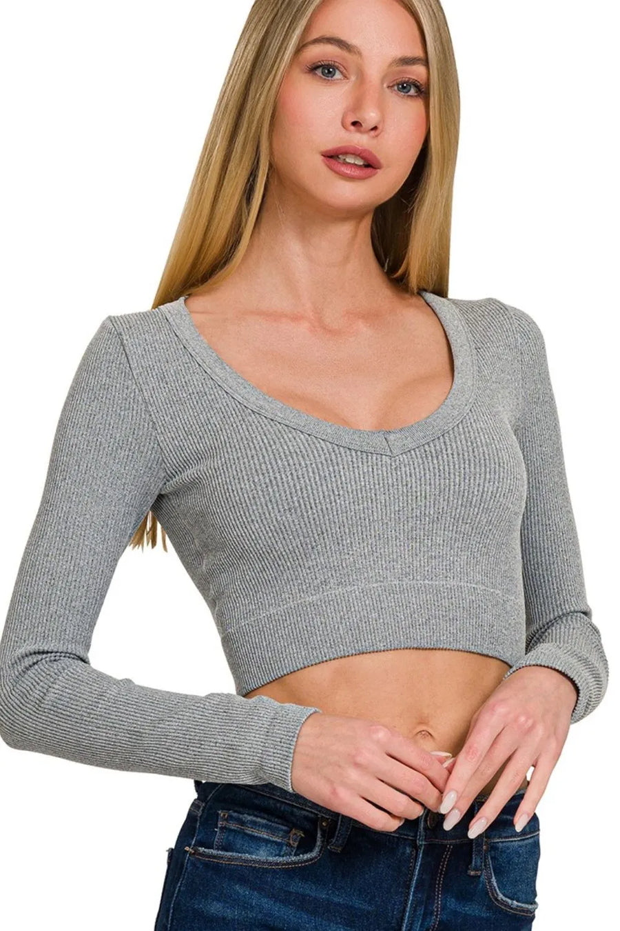Seamless Fitted Rib V-Neck Long Sleeve Crop Top