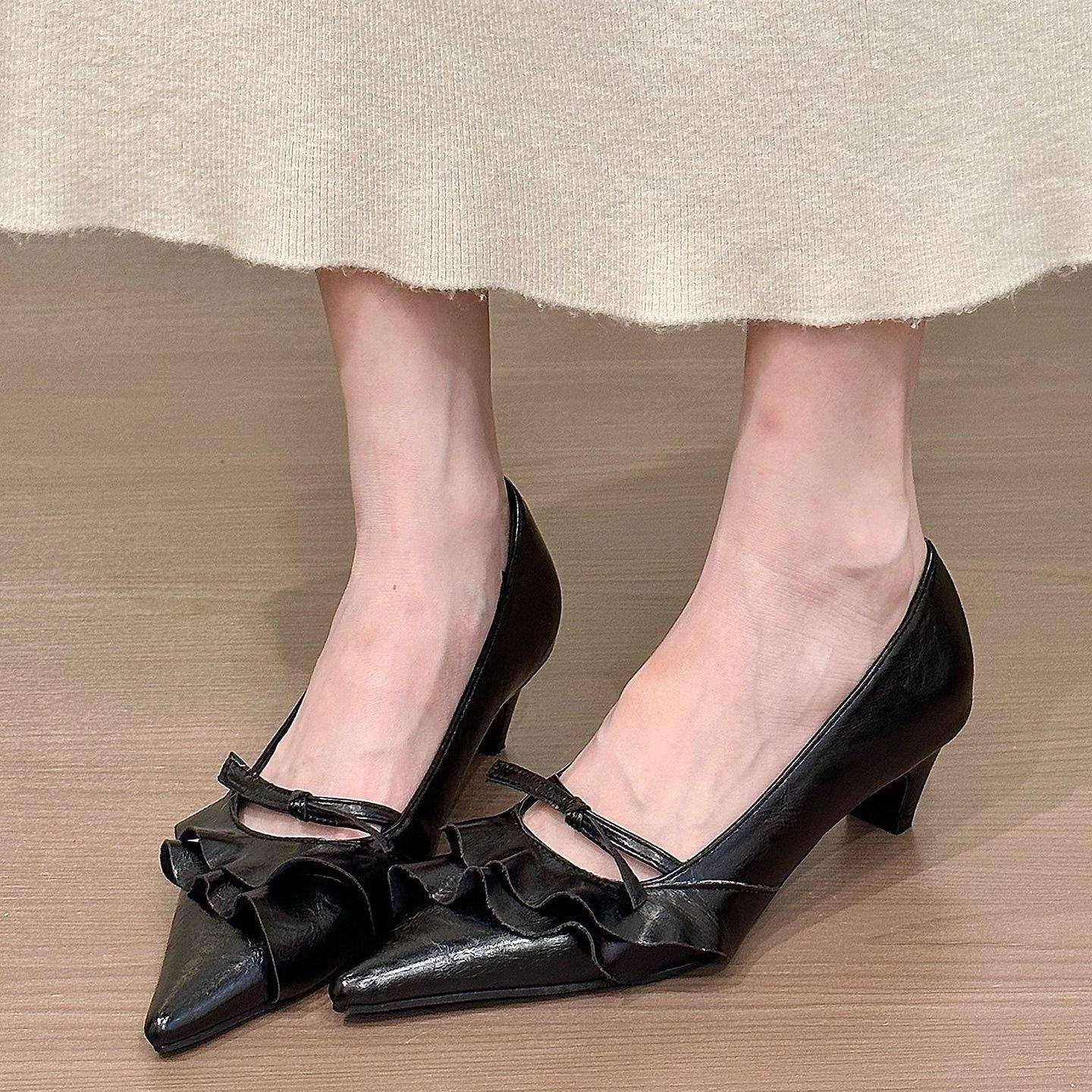 Women's French-Style Stiletto Heels with Ruffled Hem & Bow Tie - Open Toe Low Heel Loafers