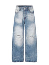 Men's blue distressed wide-leg jeans