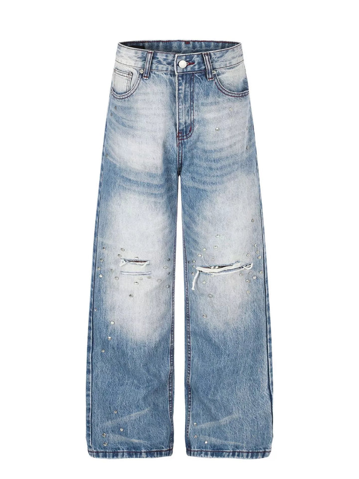 Men's blue distressed wide-leg jeans