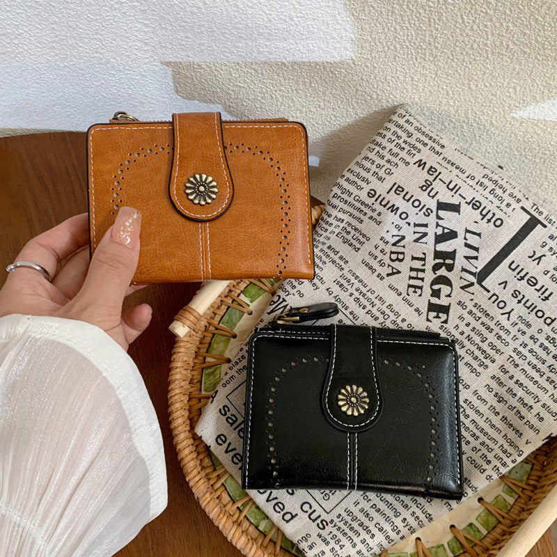 Women's Vintage Oil Leather Wallet - Floral Embossed Short Bifold with RFID Protection