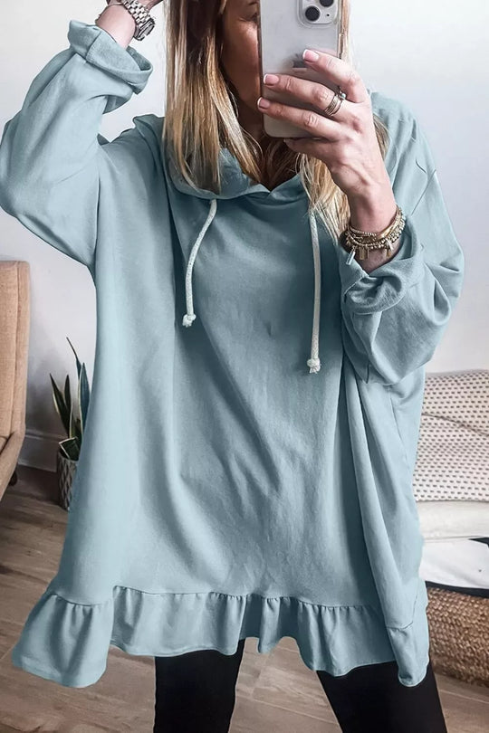 Another view: Ruffle-Hem Tunic Hoodie — Light Blue