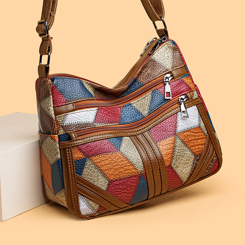 Women's Color-Block Patchwork Crossbody Bag | Multi-Layer PU Leather Shoulder Bag