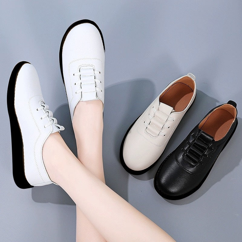 Women's Casual Lace-Up Leather Shoes – Lightweight Soft-Soled Comfort Flats