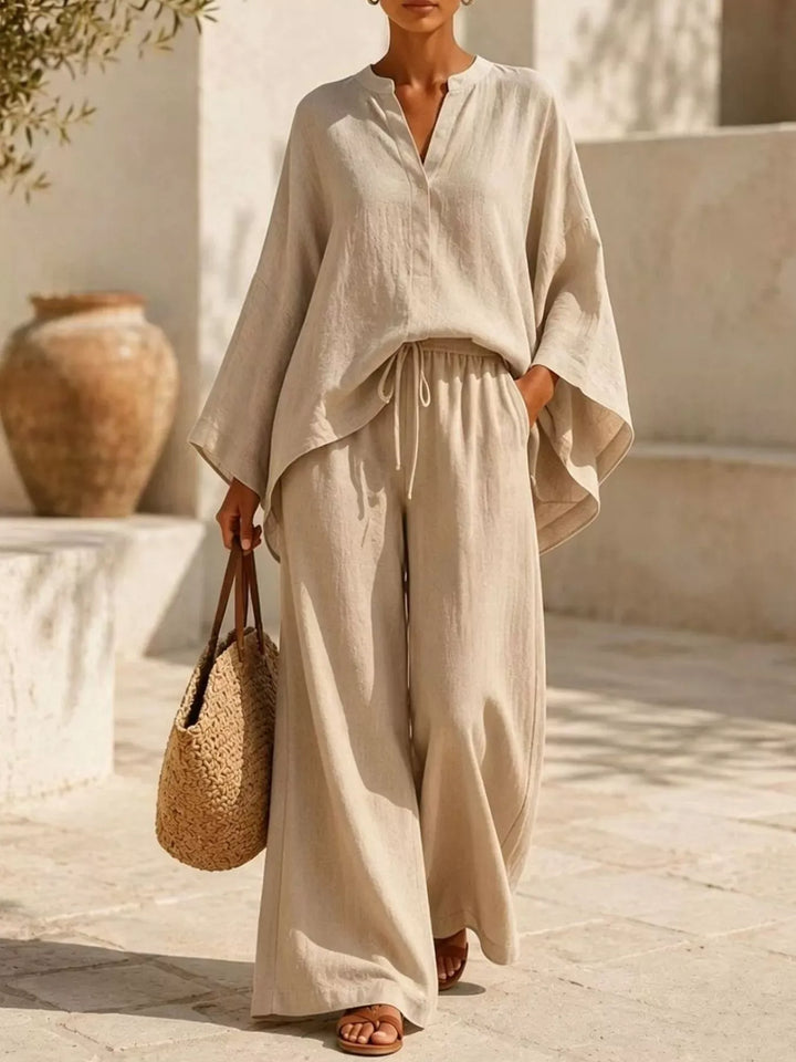 Notched Long-Sleeve Top & Wide-Leg Pants Set — Full Size