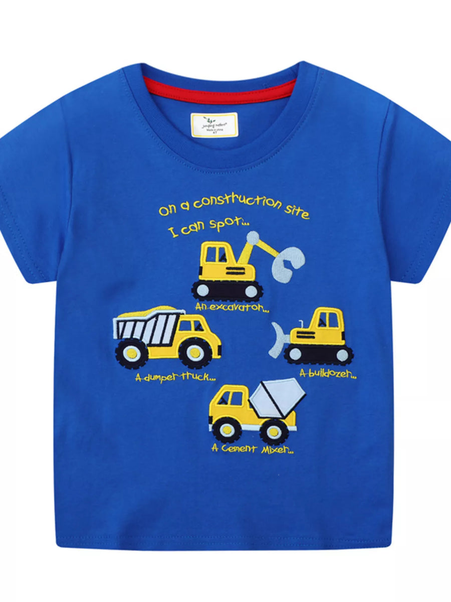 Kids’ Construction Vehicles Cotton T-Shirt — Blue