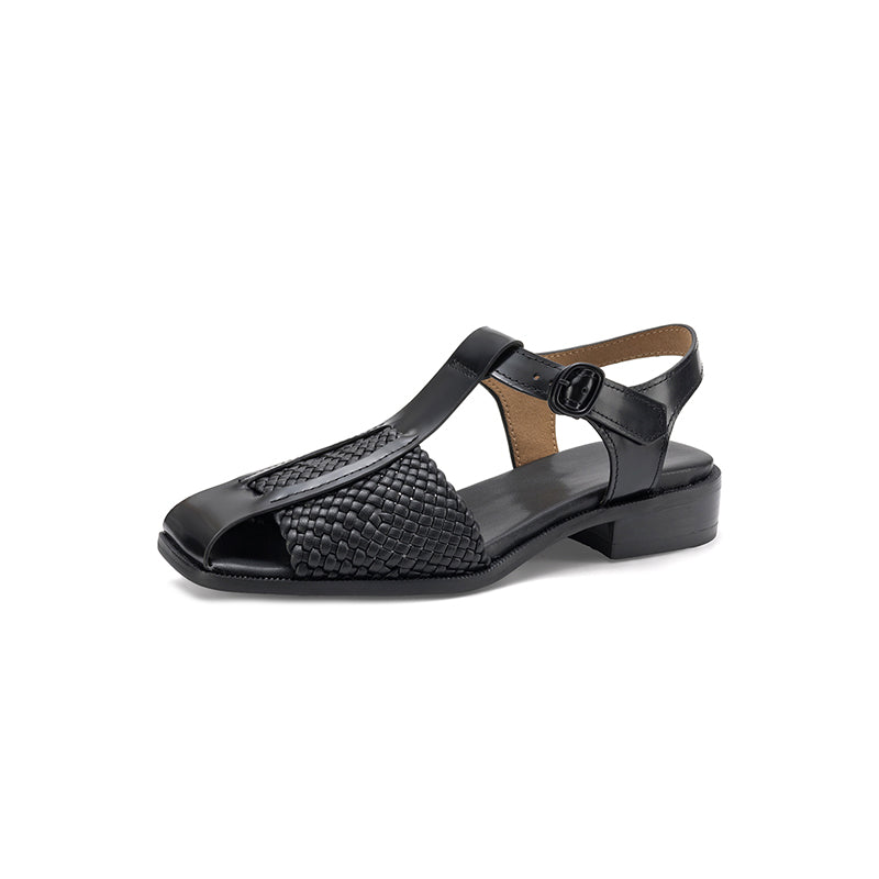 Women's Woven T-Strap Block Heel Sandals | Oiled Cowhide Square-Toe