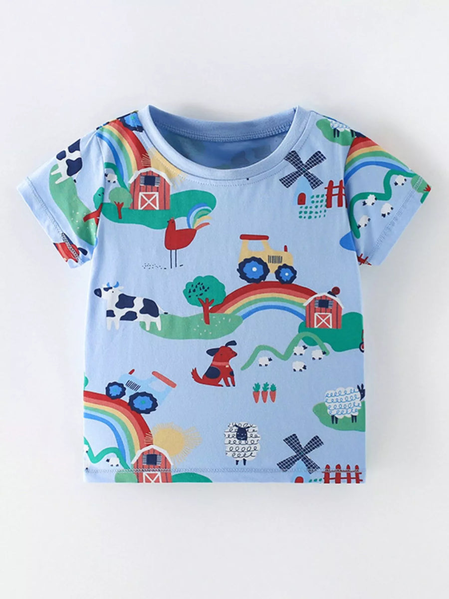 Printed Cotton-Blend Crewneck T-Shirt — Dusty Blue