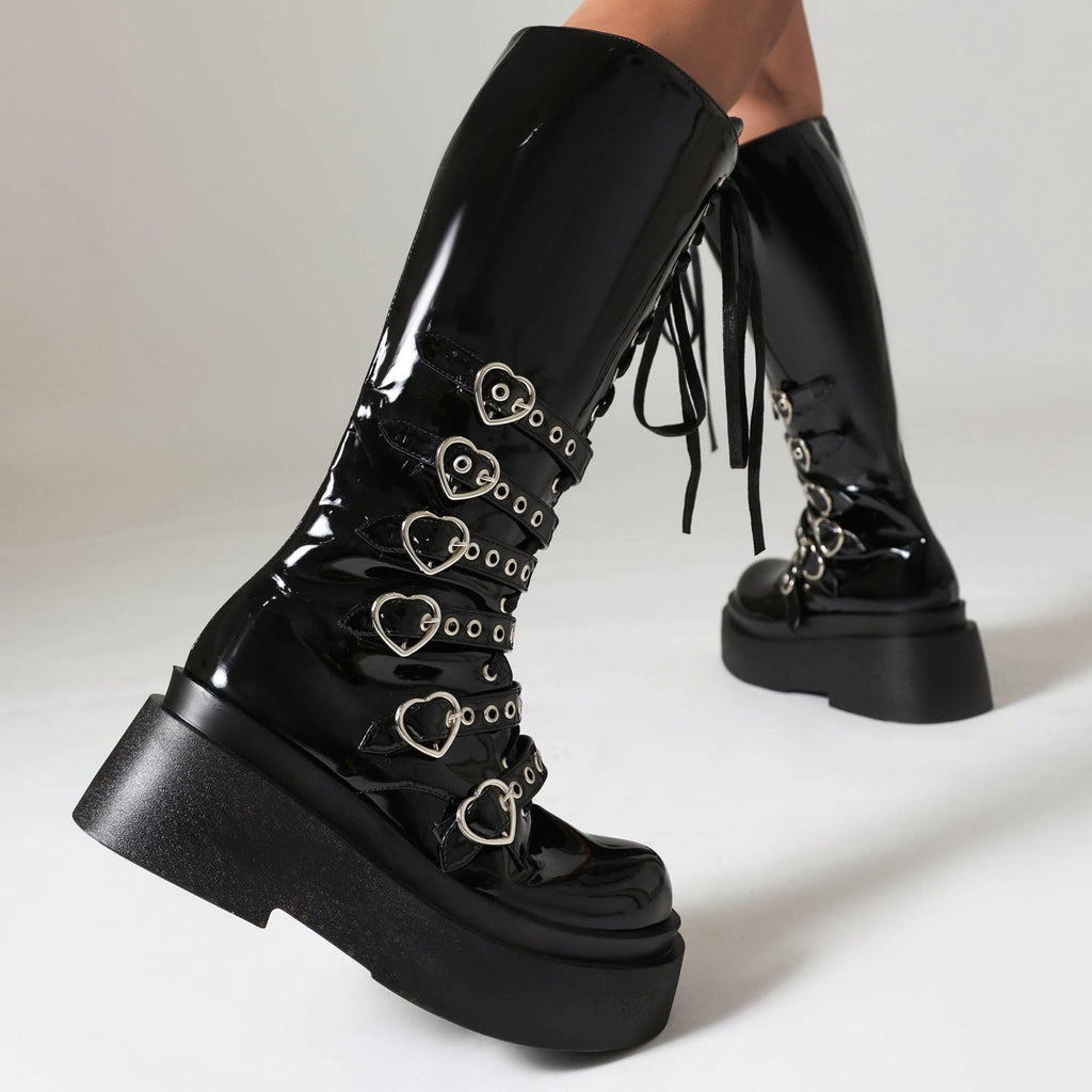 Women's Chunky-Soled Punk Over-the-Knee Boots with Cross-Tie Straps | Side Zipper | Sizes 34–44