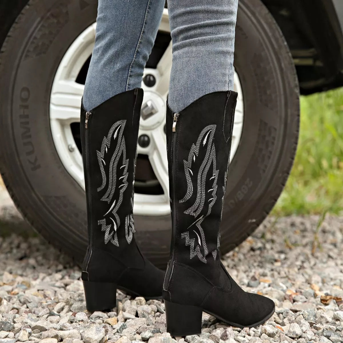 Women's Point Toe Block Heel Boots – Suede Mid Heel Ankle Boots
