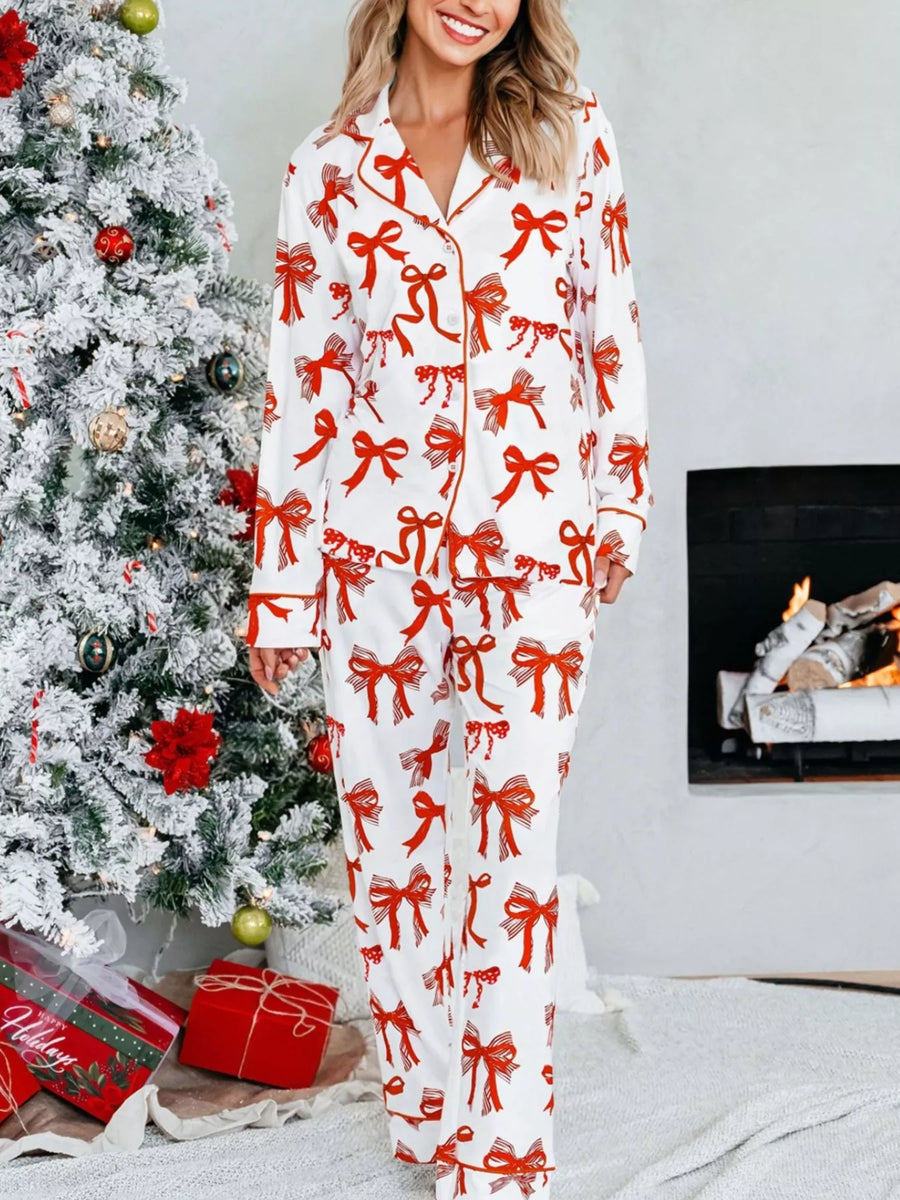 Christmas Bow Button-Up Pajama Set — Red