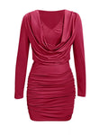 Burgundy ruched cowl-neck long-sleeve mini dress, front view
