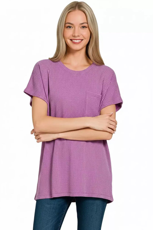 Another view: Raised Rib Front Pocket Boxy Top — LT PLUM